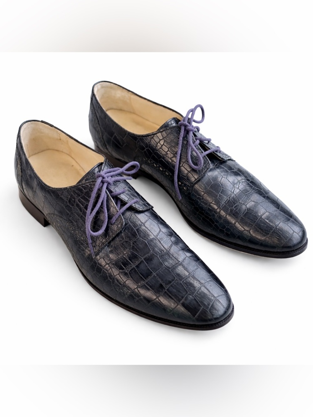 Embossed Croc Leather Oxfords Black Purple Lace Statement Dress Shoes 10.5